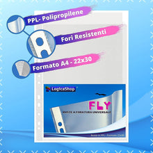 Cargar imagen en el visor de la galería, LogicaShop Fly Buste Forate Trasparenti per Raccoglitori ad Anelli A4, Cartelline Plastica (Lucide, 50 Pezzi)