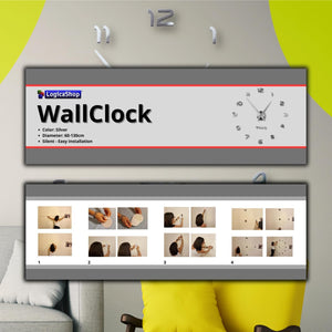 LogicaShop ® WallClock Große Wanduhr mit selbstklebenden Zahlen und Zeigern, geräuschlos und einfach zu montieren, Durchmesser 60–130 cm, modernes 3D-Design, Zuhause und Büro