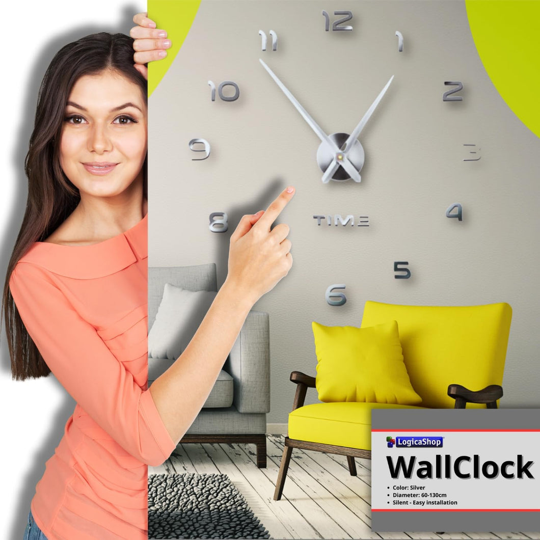 LogicaShop ® WallClock Large Wall Clock with DIY Adhesive Numbers and Hands, Silent and Easy to Assemble, Diameter 60-130 cm, Modern 3D Design, Home and Office