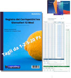 LogicaShop® Registro dei Corrispettivi Iva Giornalieri 12 Mesi, Libro Giornale Contabile in Duplice Copia, Blocco Autoricalcante Formato A4, Registri Contabilità Entrate Uscite