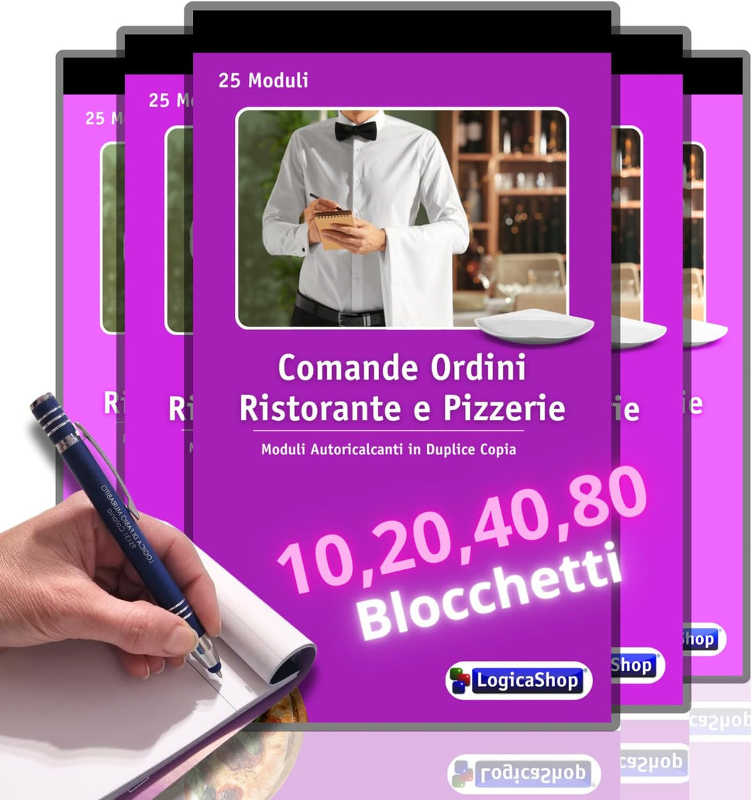 LogicaShop Blocchi Comande Ordini Ristorante Pizzeria con 25 Moduli in Duplice Copia - Blocchetti 25x2 Autoricalcanti 17x10cm