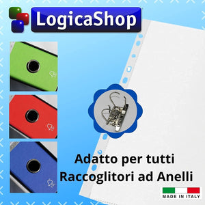 LogicaShop ® Fly Buste Forate Trasparenti Lucide per Raccoglitore ad Anelli A4, Cartelline di Plastica con fori