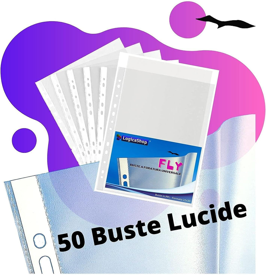 LogicaShop ® Fly Transparent Glossy Perforated Envelopes for A4 Ring Binder, Plastic Folders with Holes