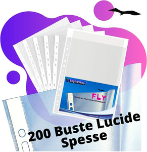 LogicaShop Fly Buste Forate Trasparenti Lucide per Raccoglitore ad Anelli A4, Cartelline di Plastica con fori