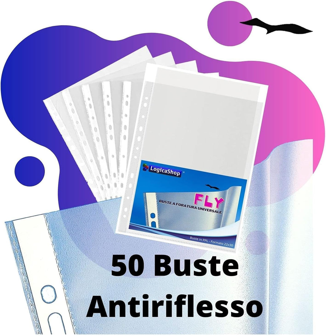 LogicaShop Fly Buste Forate Trasparenti Antiriflesso per Raccoglitore ad Anelli A4, Cartelline di Plastica con fori