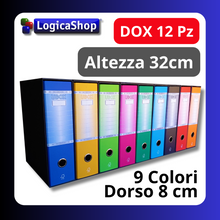 Cargar imagen en el visor de la galería, LogicaShop ® UBOX SET 12 RACCOGLITORI AD ANELLI A4 CON CUSTODIA – CLASSIFICATORI FALDONI DOCUMENTI ARCHIVIO UFFICIO – DOX REGISTRATORI A LEVA (Dorso 8, Commerciale 32cm, 9 Colori)
