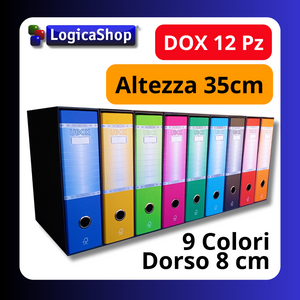 LogicaShop UBOX SET 12 RACCOGLITORI AD ANELLI A4 CON CUSTODIA – CLASSIFICATORI FALDONI DOCUMENTI ARCHIVIO UFFICIO – DOX REGISTRATORI A LEVA (Dorso 8, Protocollo 35cm, 9 Colori)