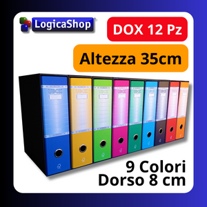 LogicaShop ® UBOX SET 12 A4 RING BINDERS WITH CASE – FILE FILE FILE FOLDER OFFICE ARCHIVES – DOX LEVER RECORDERS (Spine 8, Protocol 35cm, 9 Colours)