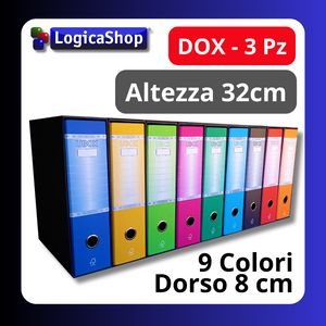 LogicaShop UBOX SET 3 RACCOGLITORI AD ANELLI A4 CON CUSTODIA – CLASSIFICATORI FALDONI DOCUMENTI ARCHIVIO UFFICIO – DOX REGISTRATORI A LEVA (Dorso 8, Commerciale 32cm, 9 Colori)