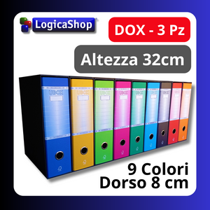 LogicaShop ® UBOX-SET, 3 A4-Ringbücher mit Etui – Aktenordner, Büroarchive – Dox-Hebelschreiber (Rücken 8, kommerziell 32 cm, 9 Farben)